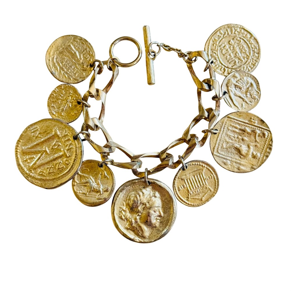 Runway Charm Bracelet VtG Greek Roman Coin Statement Dangle Gold Plated Chunky